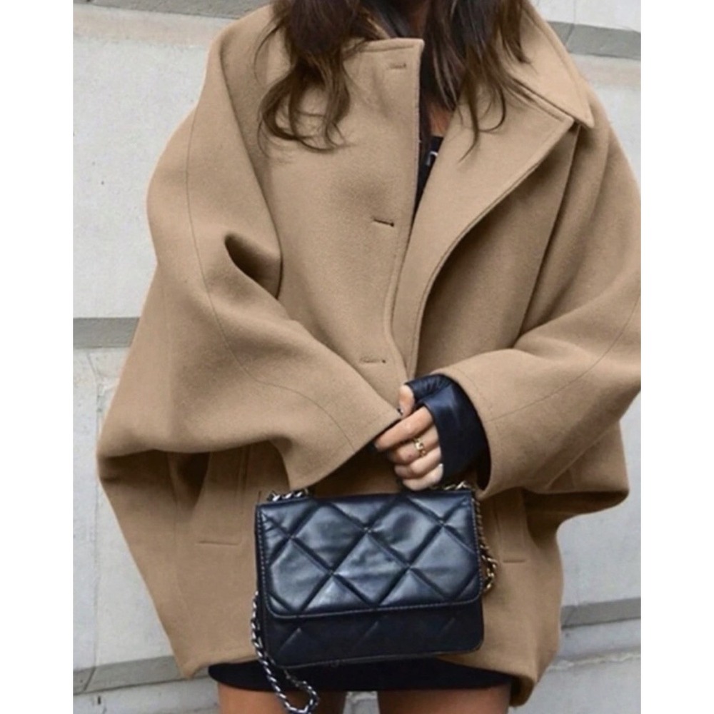 Zara Oversized Brown Wool Short Coat Bat Sleeve Runway City Tik Tok Fall - Picture 9 of 11